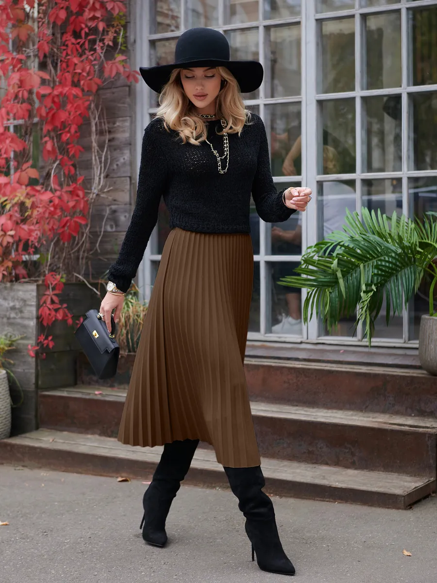 Коричневая юбка миди теплая