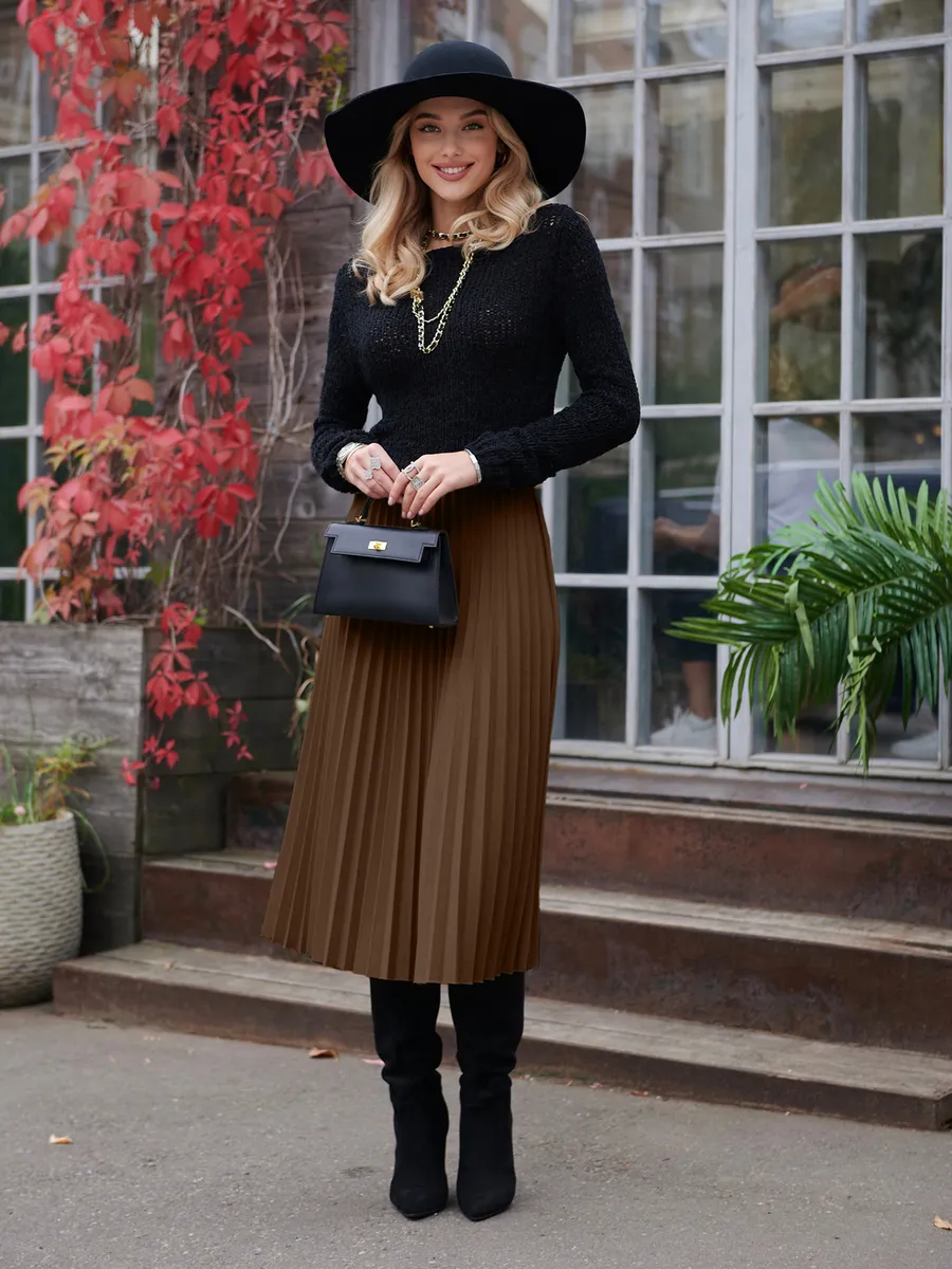 Коричневая юбка миди теплая