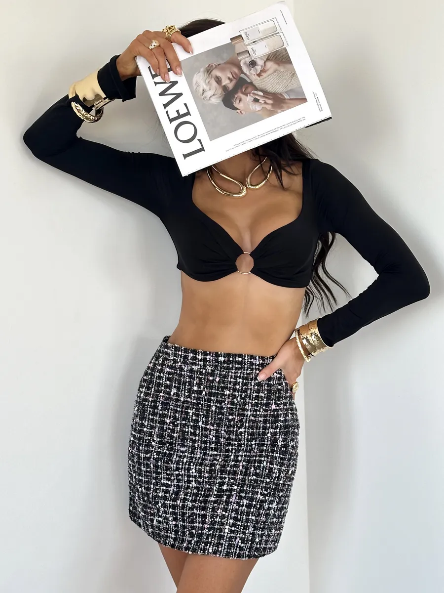 Черная юбка мини твидовая короткая