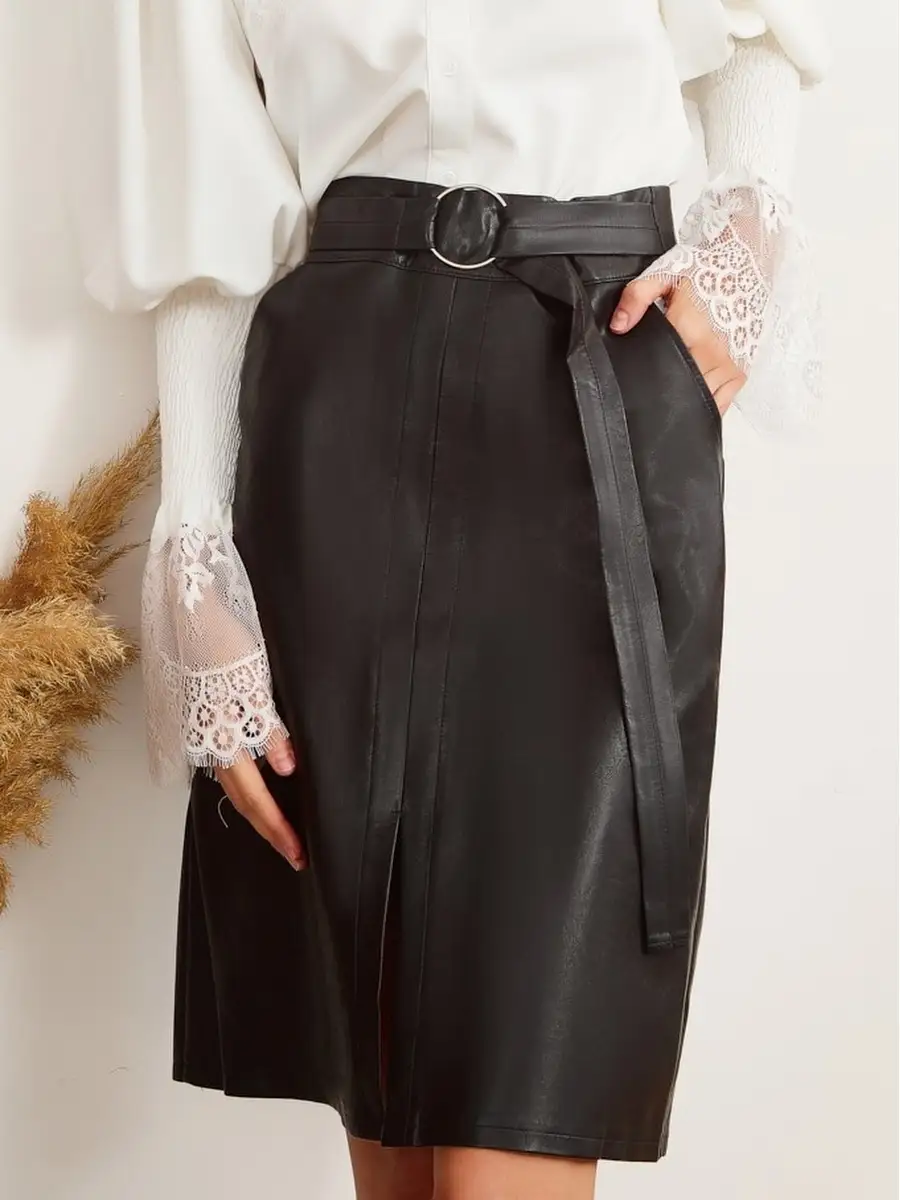 Черная юбка карандаш женская кожаная длинная ниже колена