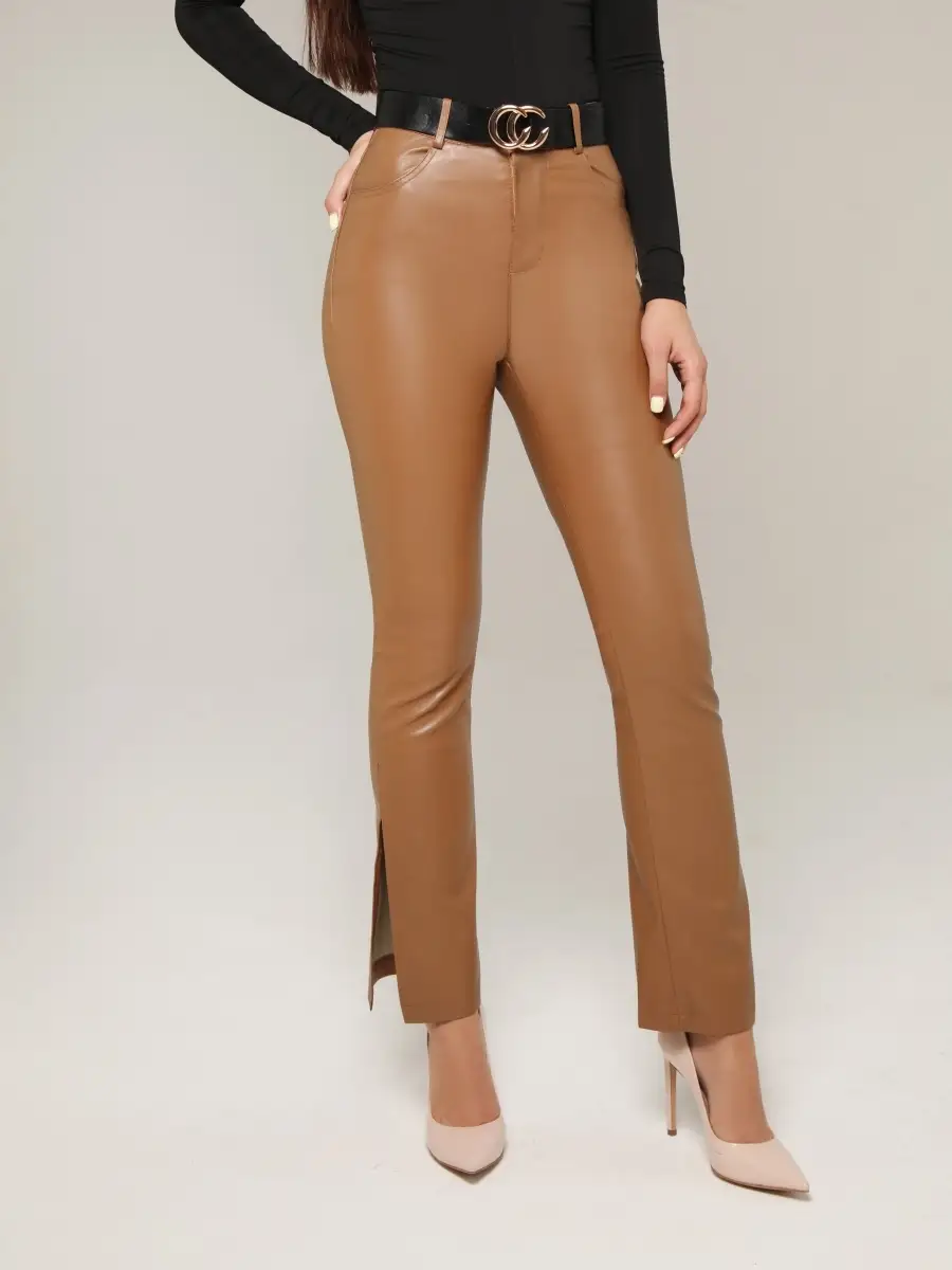 Брюки женские кожаные из экокожи с разрезами внизу
