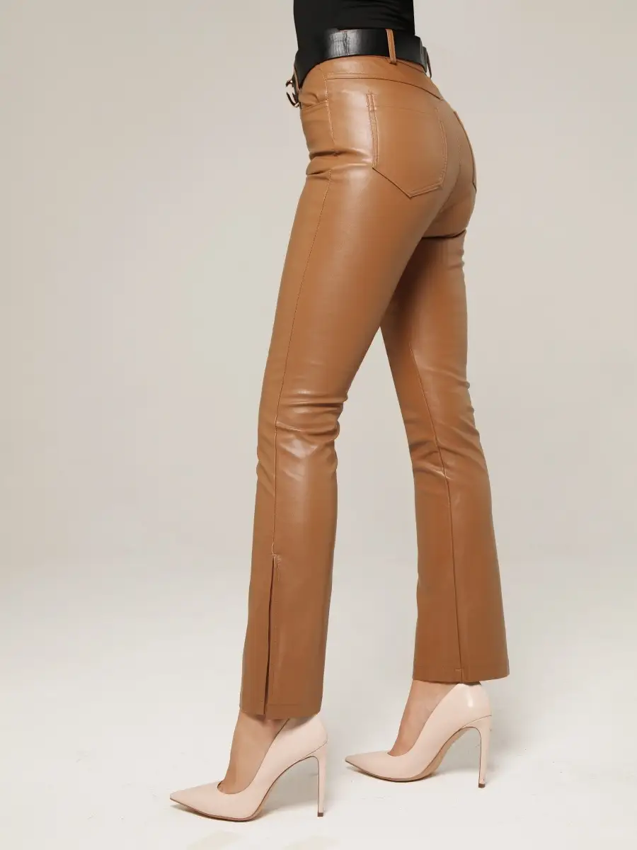 Брюки женские кожаные из экокожи с разрезами внизу