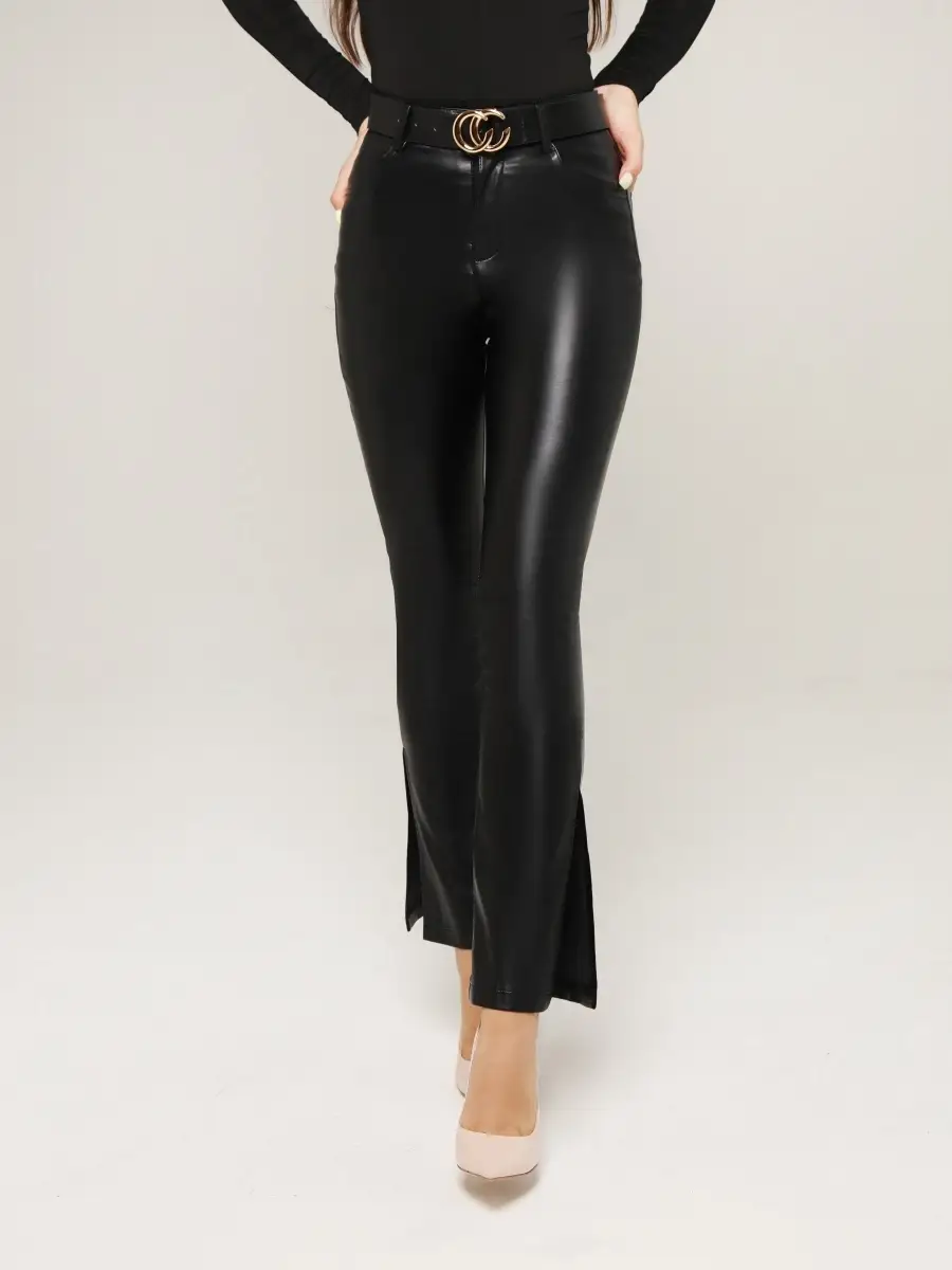 Брюки женские кожаные из экокожи с разрезами внизу