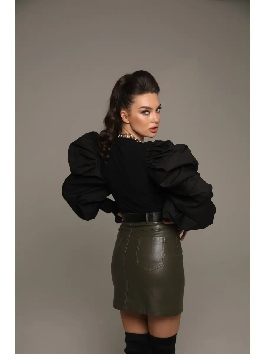 Хаки юбка женская кожаная короткая черная из эко-кожи