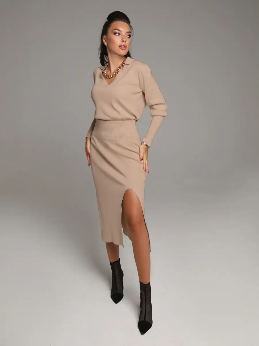 Капучино костюм женский юбочный юбка миди и джемпер кофта