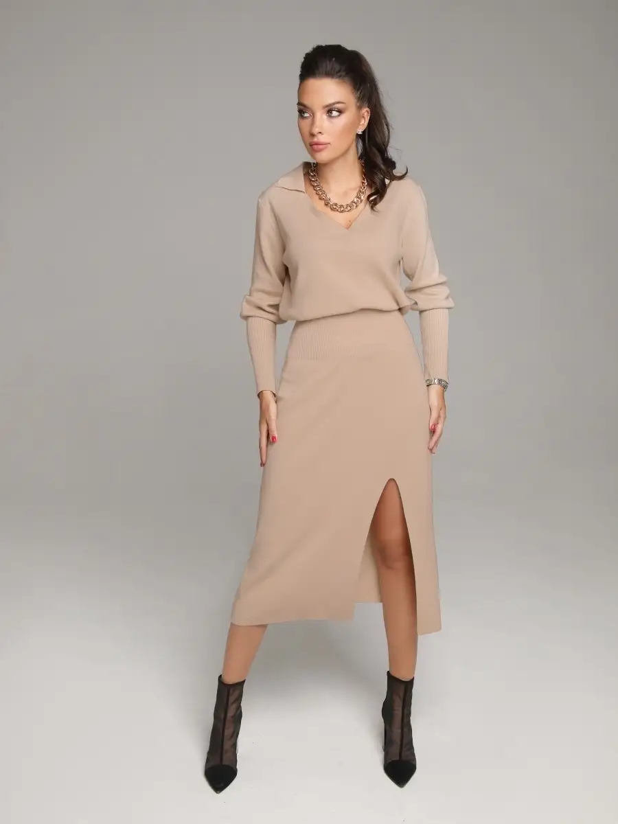 Капучино костюм женский юбочный юбка миди и джемпер кофта