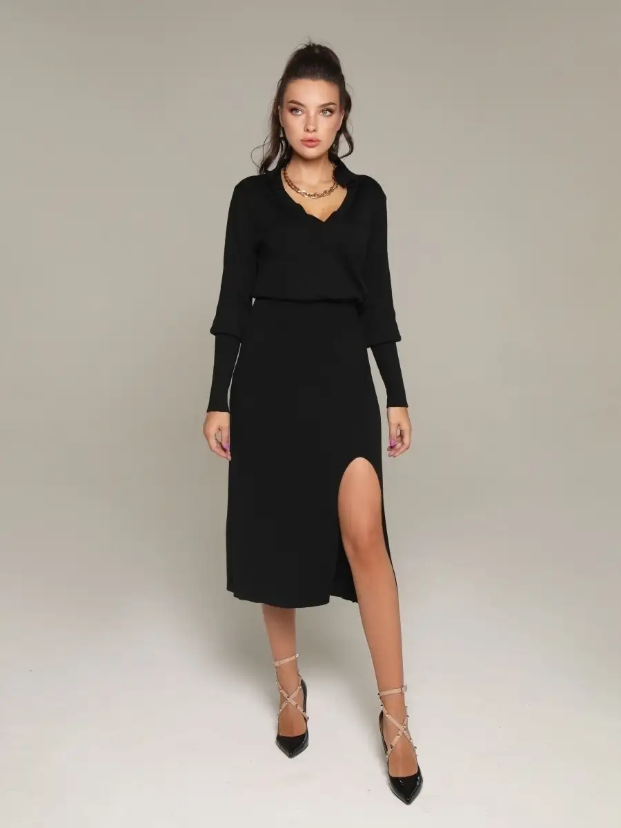 Черный костюм женский юбочный юбка миди и джемпер кофта