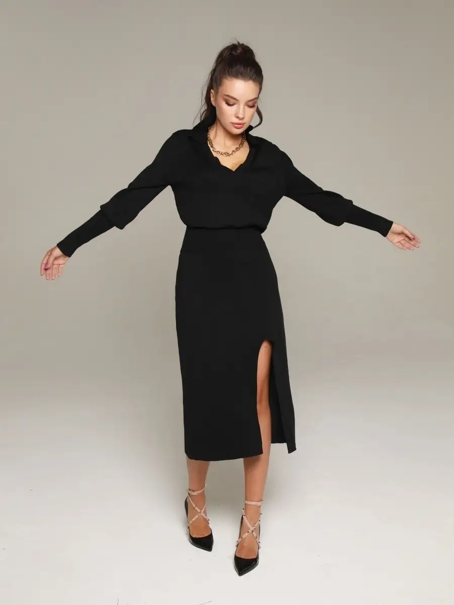 Черный костюм женский юбочный юбка миди и джемпер кофта