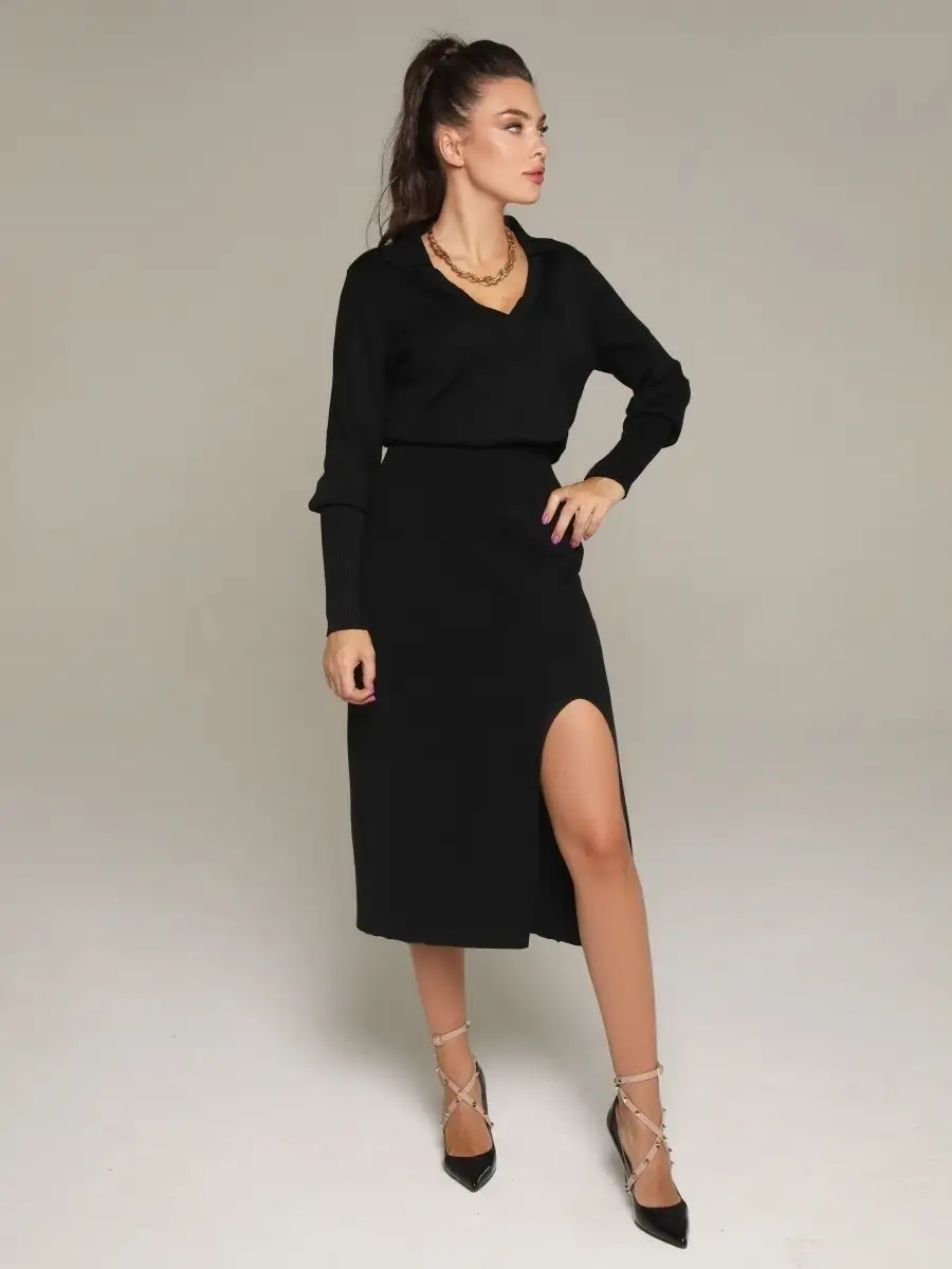 Черный костюм женский юбочный юбка миди и джемпер кофта