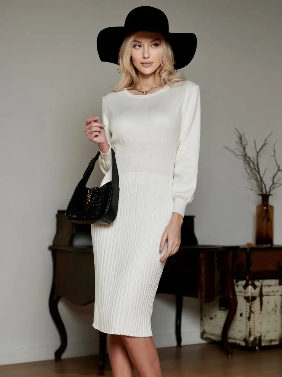 Белое платье женское вечернее теплое трикотажное офисное миди