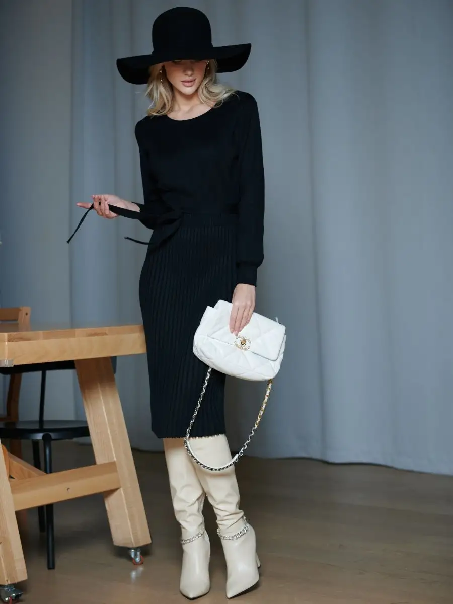 Черное платье женское вечернее теплое трикотажное офисное миди