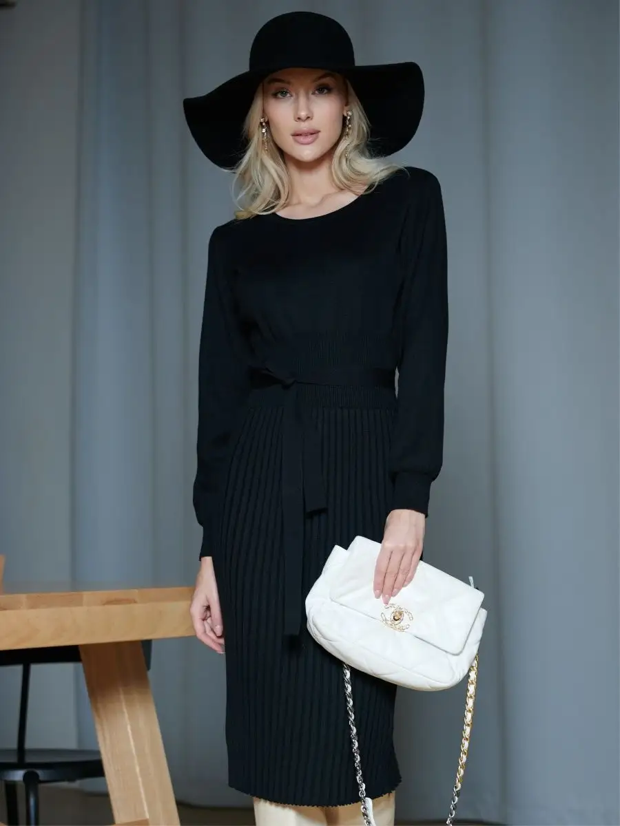 Черное платье женское вечернее теплое трикотажное офисное миди