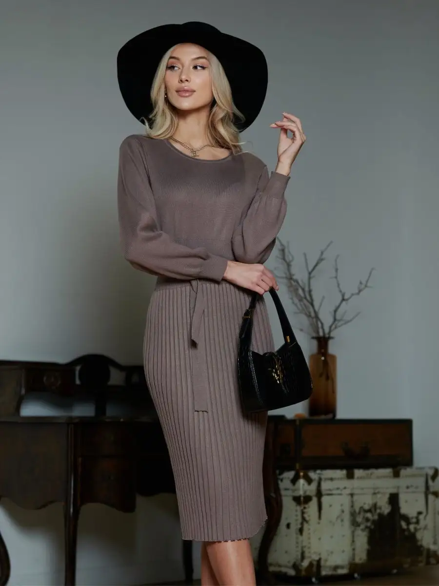Капучино платье женское вечернее теплое трикотажное офисное миди