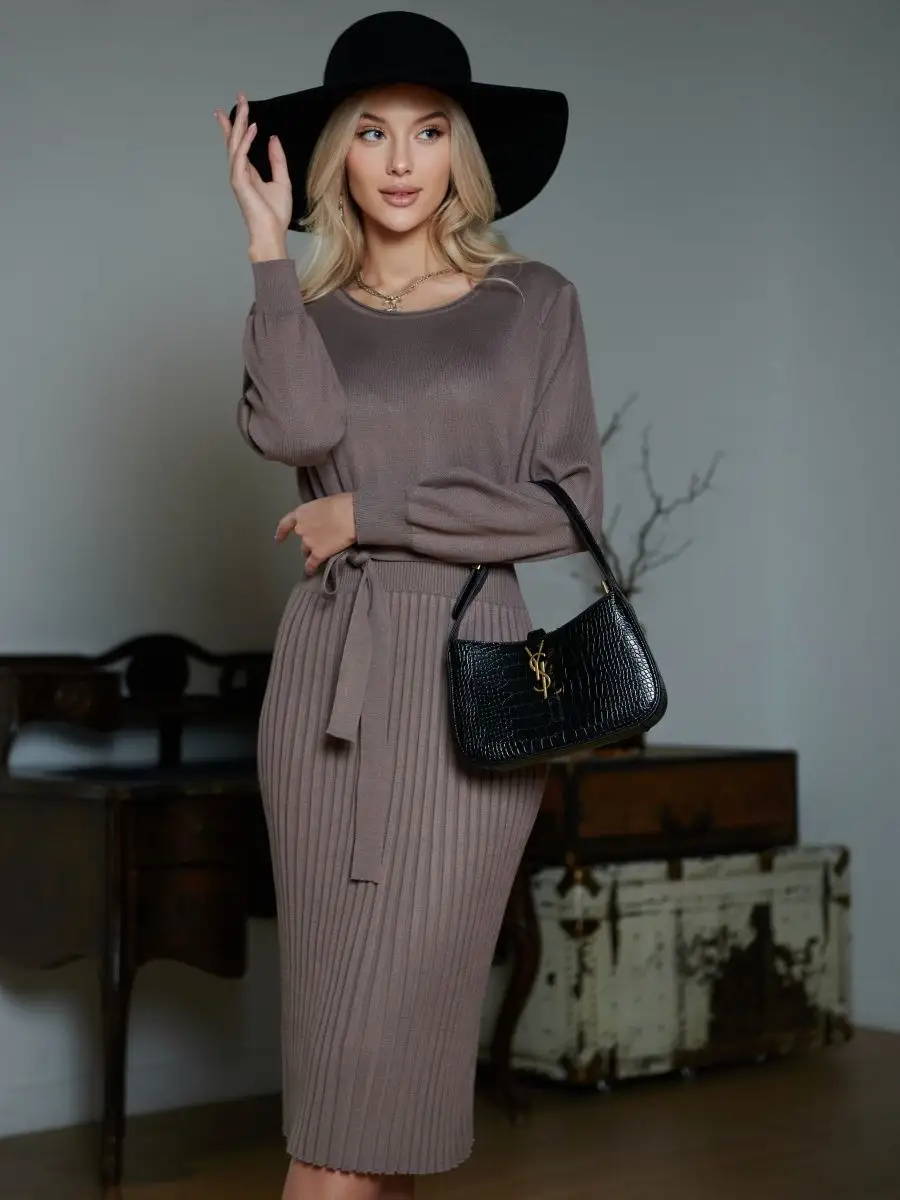 Капучино платье женское вечернее теплое трикотажное офисное миди