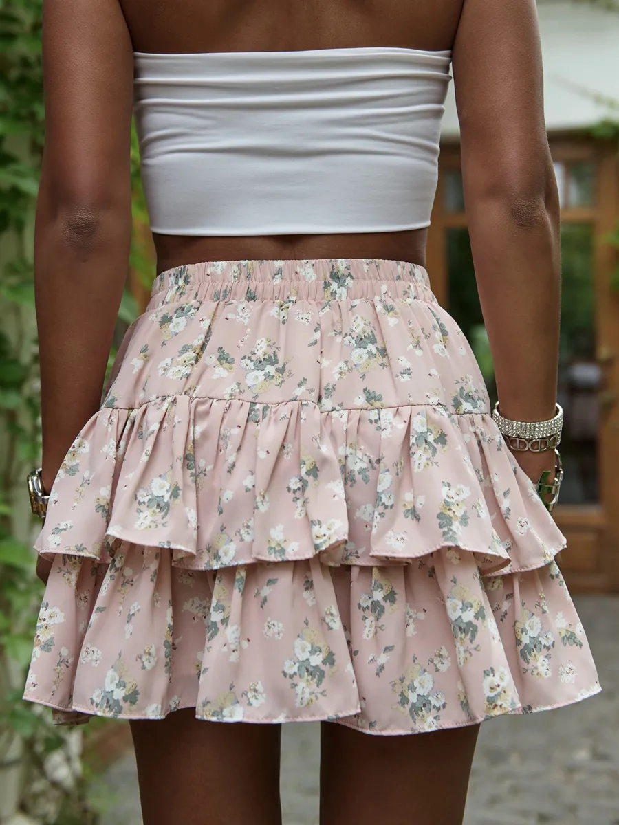 Розовая юбка летняя мини с цветочным принтом