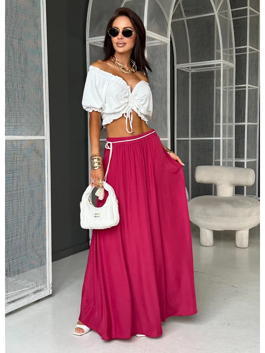Малиновая юбка летняя длинная