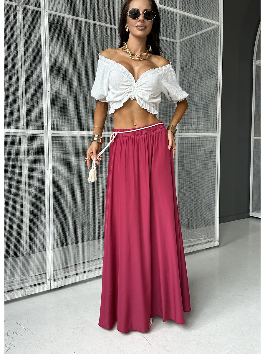 Малиновая юбка летняя длинная