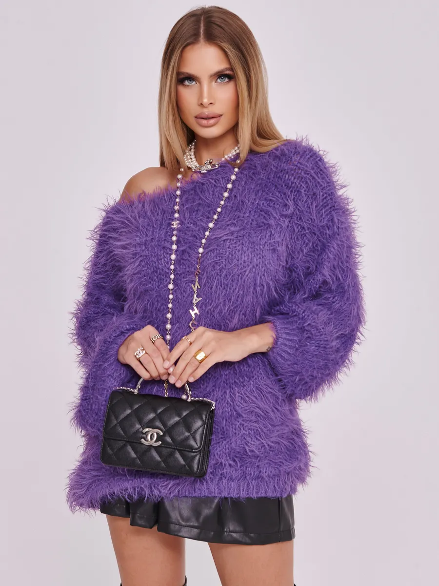 Фиолетовая кофта теплая нарядная оверсайз