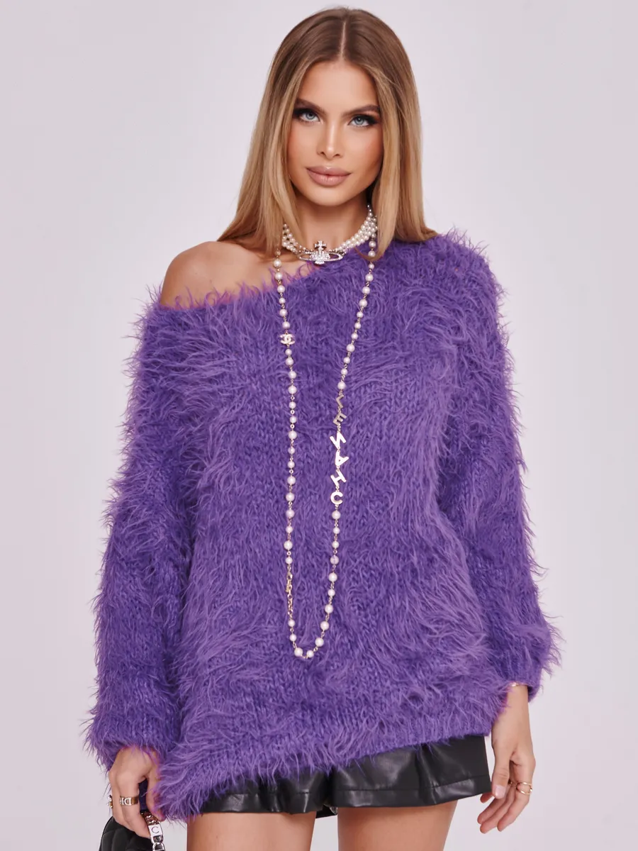 Фиолетовая кофта теплая нарядная оверсайз