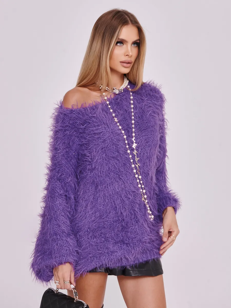 Фиолетовая кофта теплая нарядная оверсайз