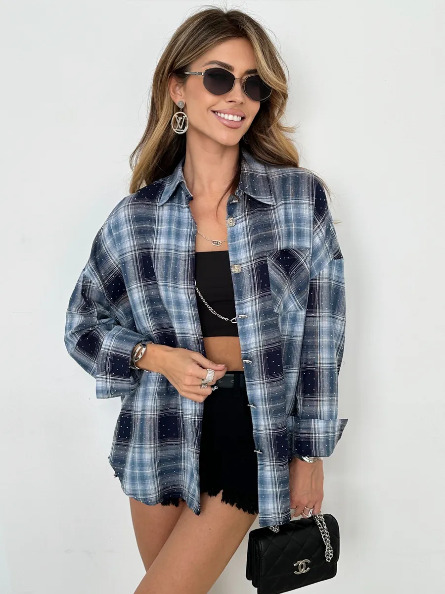 Синяя рубашка в клетку летняя