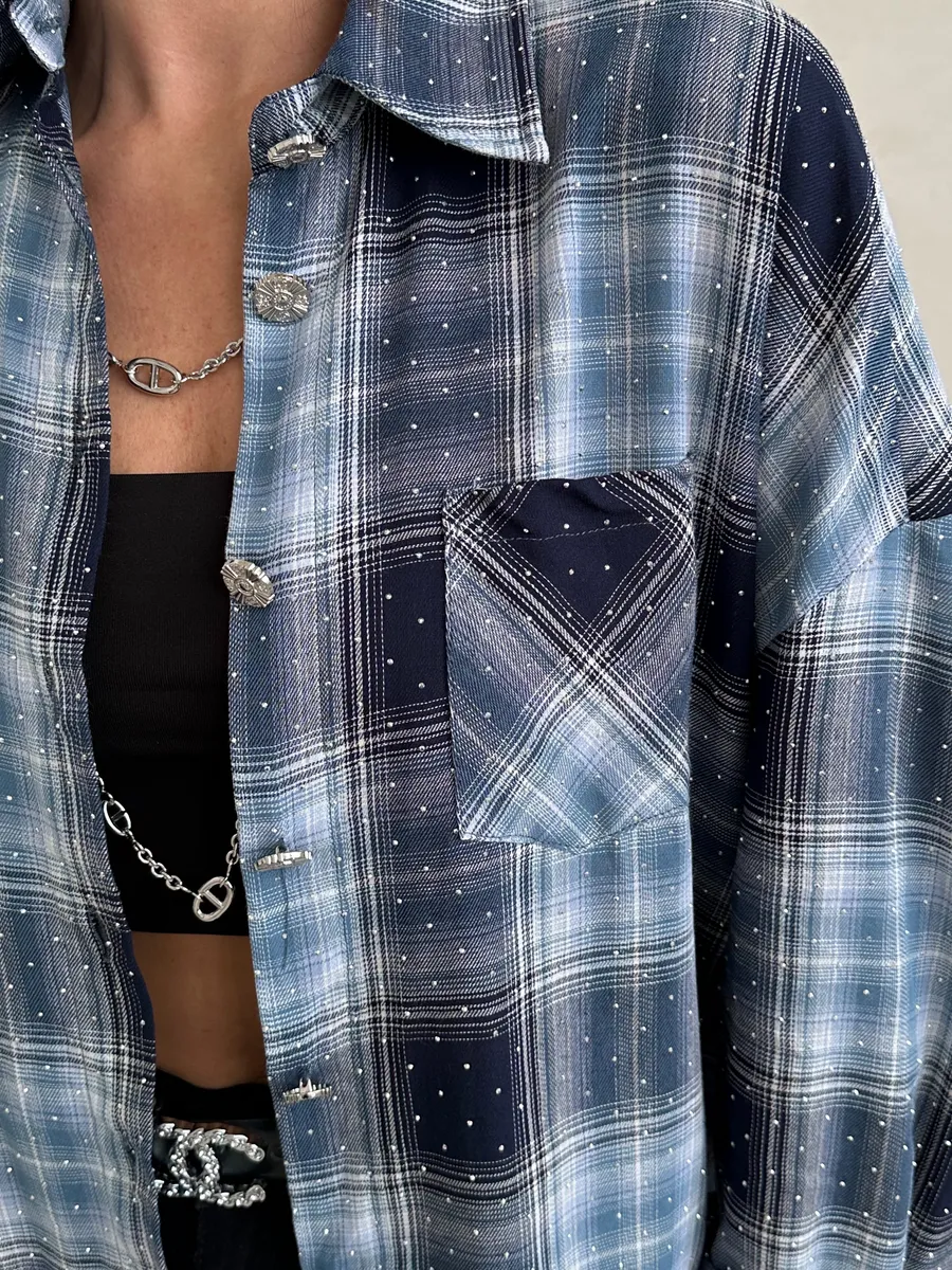 Синяя рубашка в клетку летняя