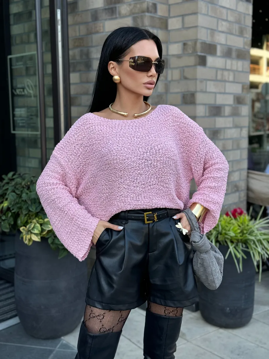 Пудровая кофта оверсайз вязаная нарядная