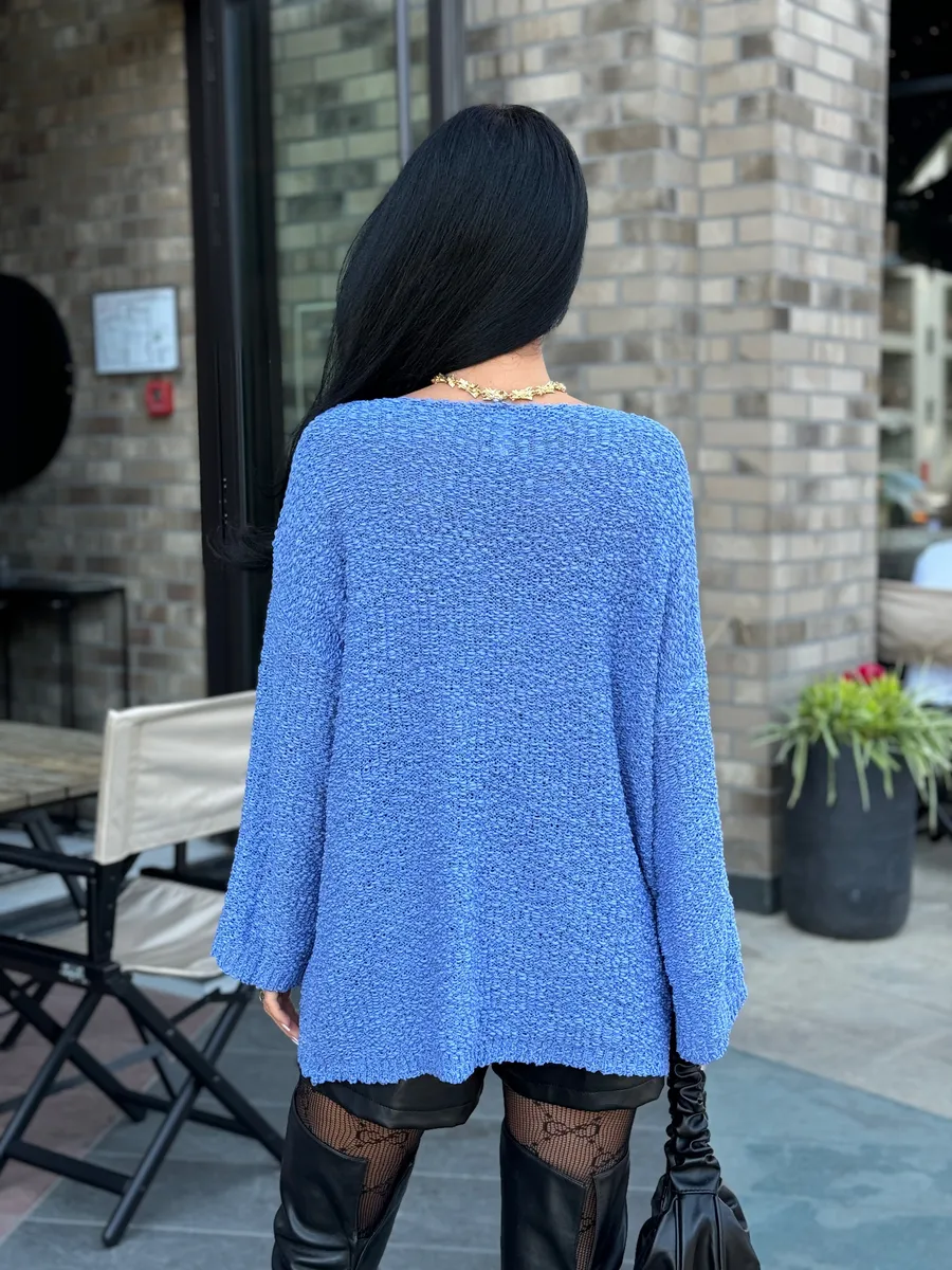 Синяя кофта оверсайз вязаная нарядная