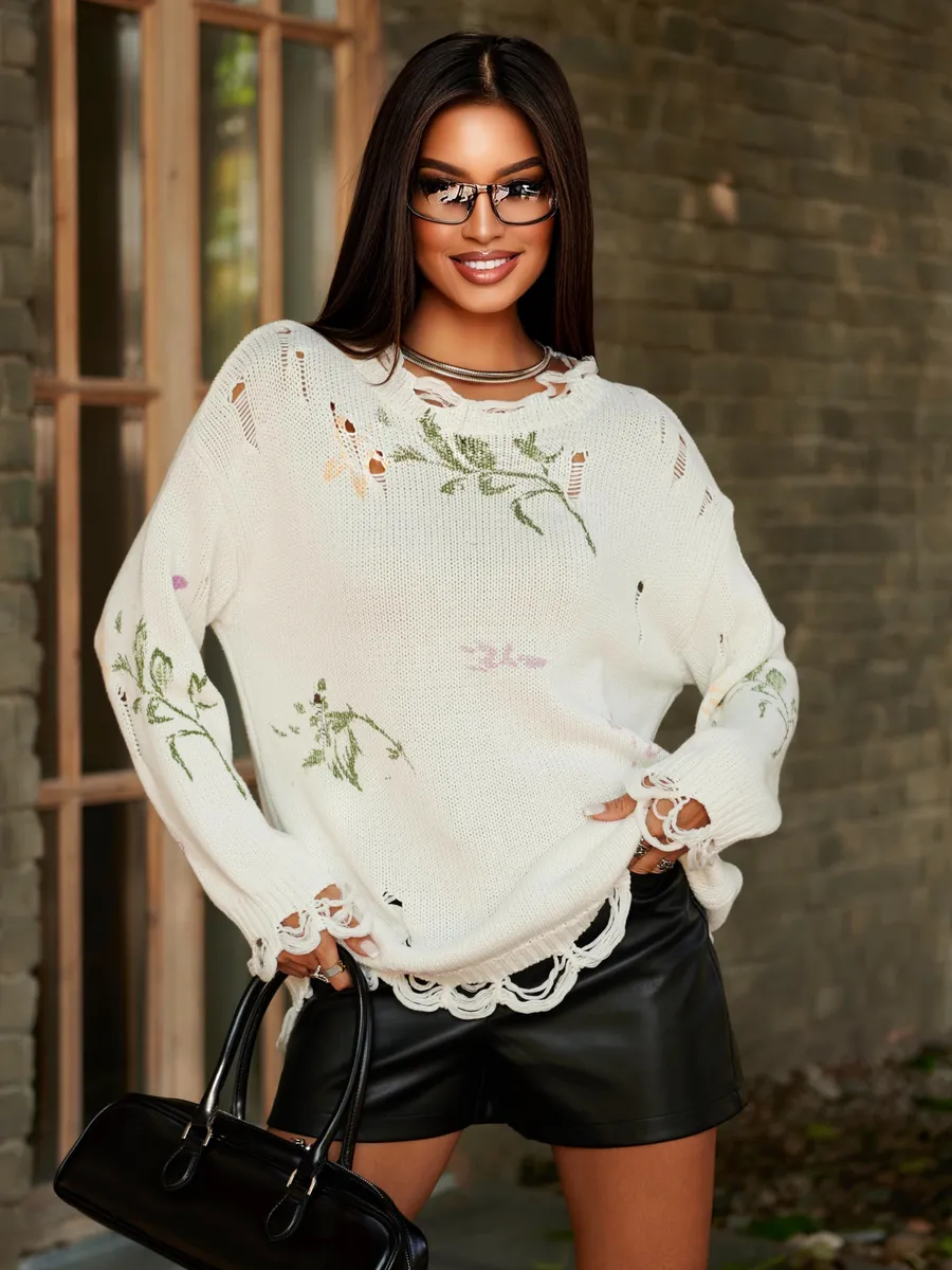 Белая кофта оверсайз нарядная с принтом рваная