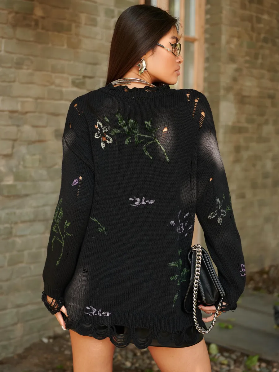 Черная кофта оверсайз нарядная с принтом рваная