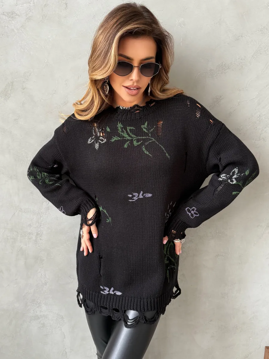 Черная кофта оверсайз нарядная с принтом рваная