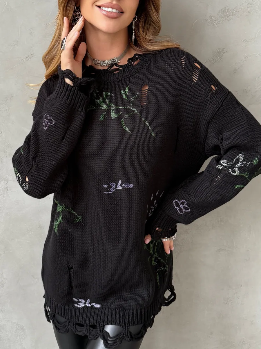 Черная кофта оверсайз нарядная с принтом рваная