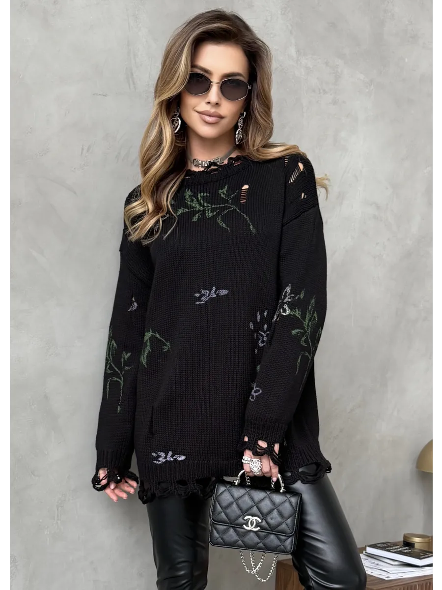 Черная кофта оверсайз нарядная с принтом рваная