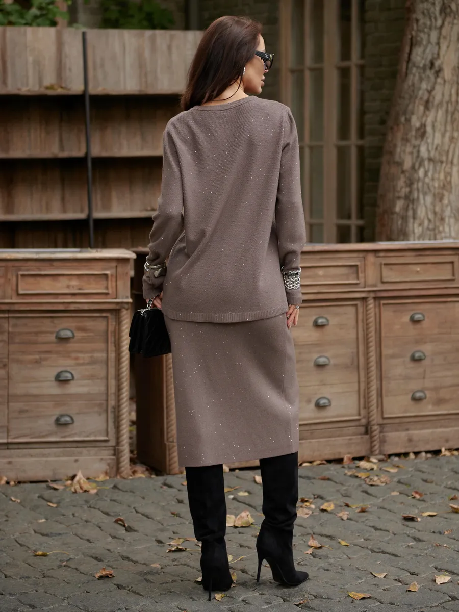 Капучино костюм с юбкой теплый нарядный трикотажный