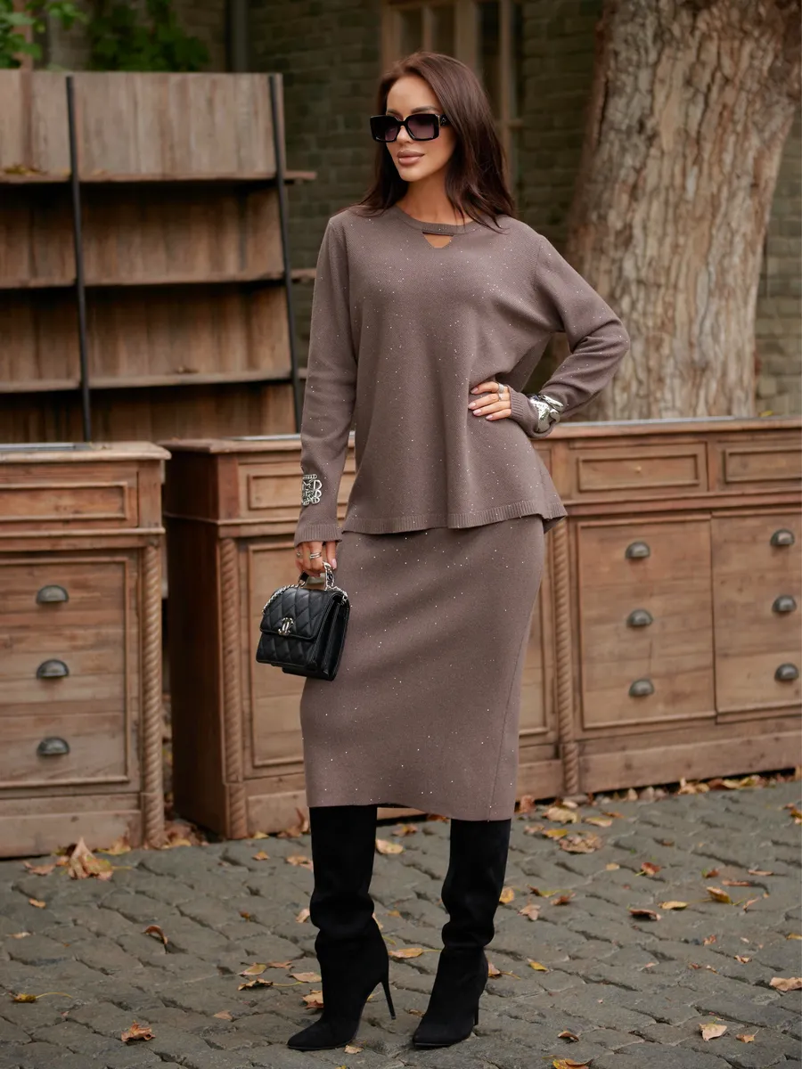 Капучино костюм с юбкой теплый нарядный трикотажный