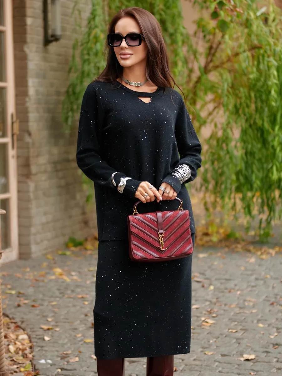 Черный костюм с юбкой теплый нарядный трикотажный