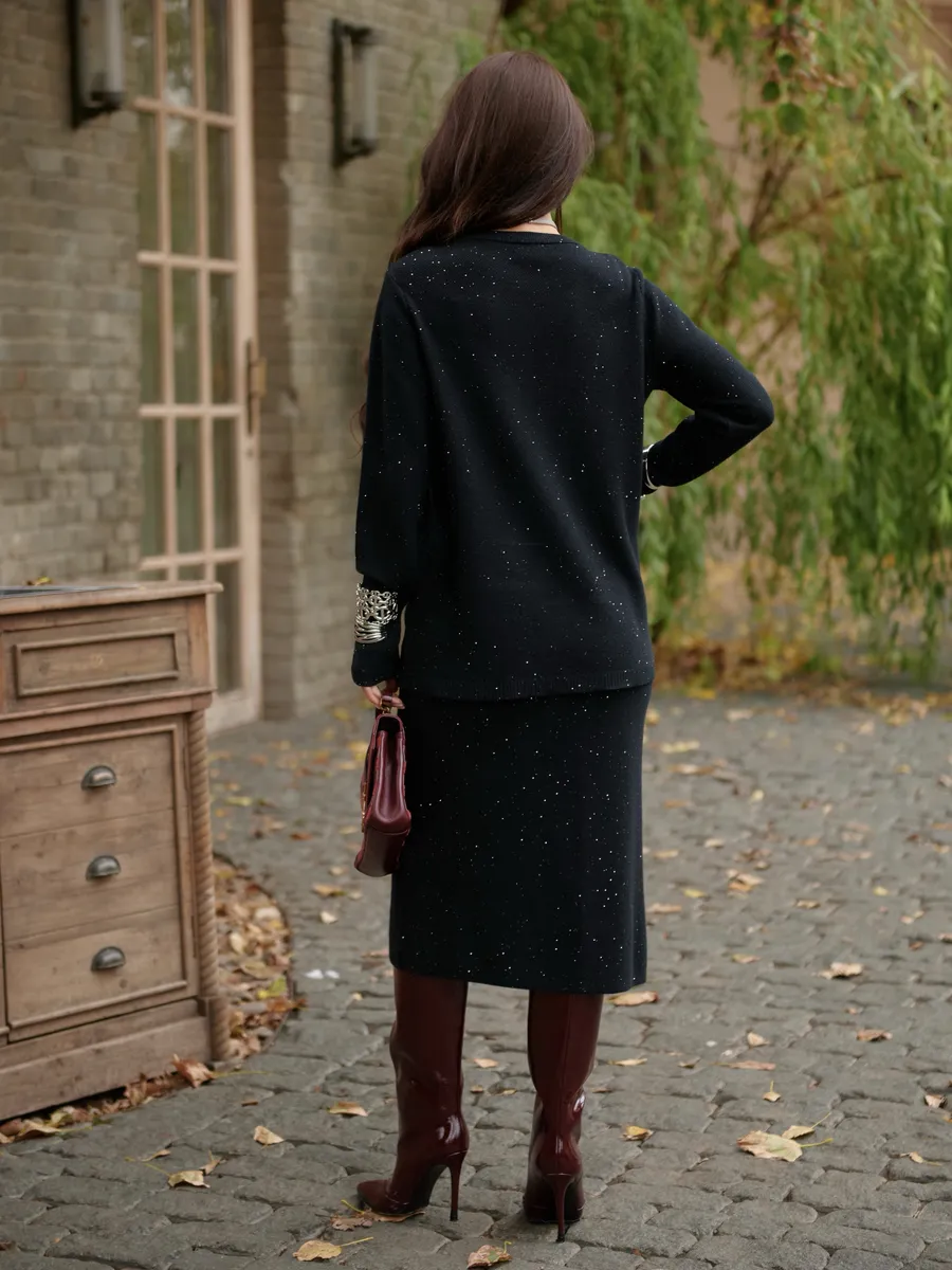 Черный костюм с юбкой теплый нарядный трикотажный