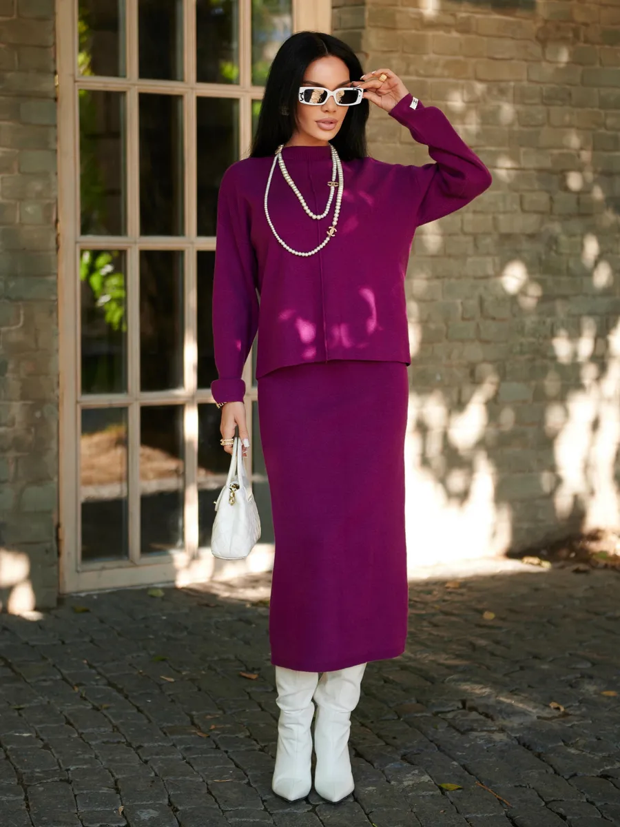 Фуксия костюм с юбкой теплый трикотажный