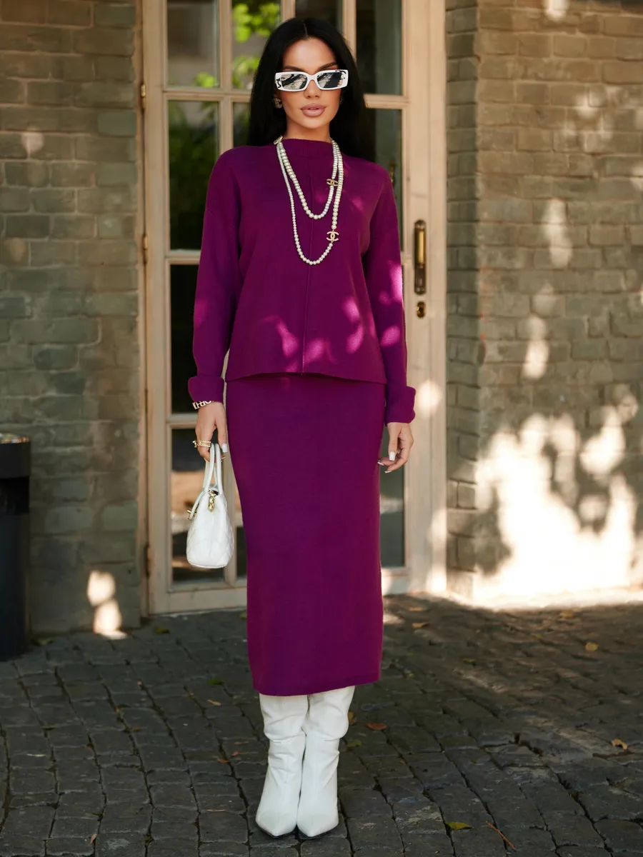 Фуксия костюм с юбкой теплый трикотажный