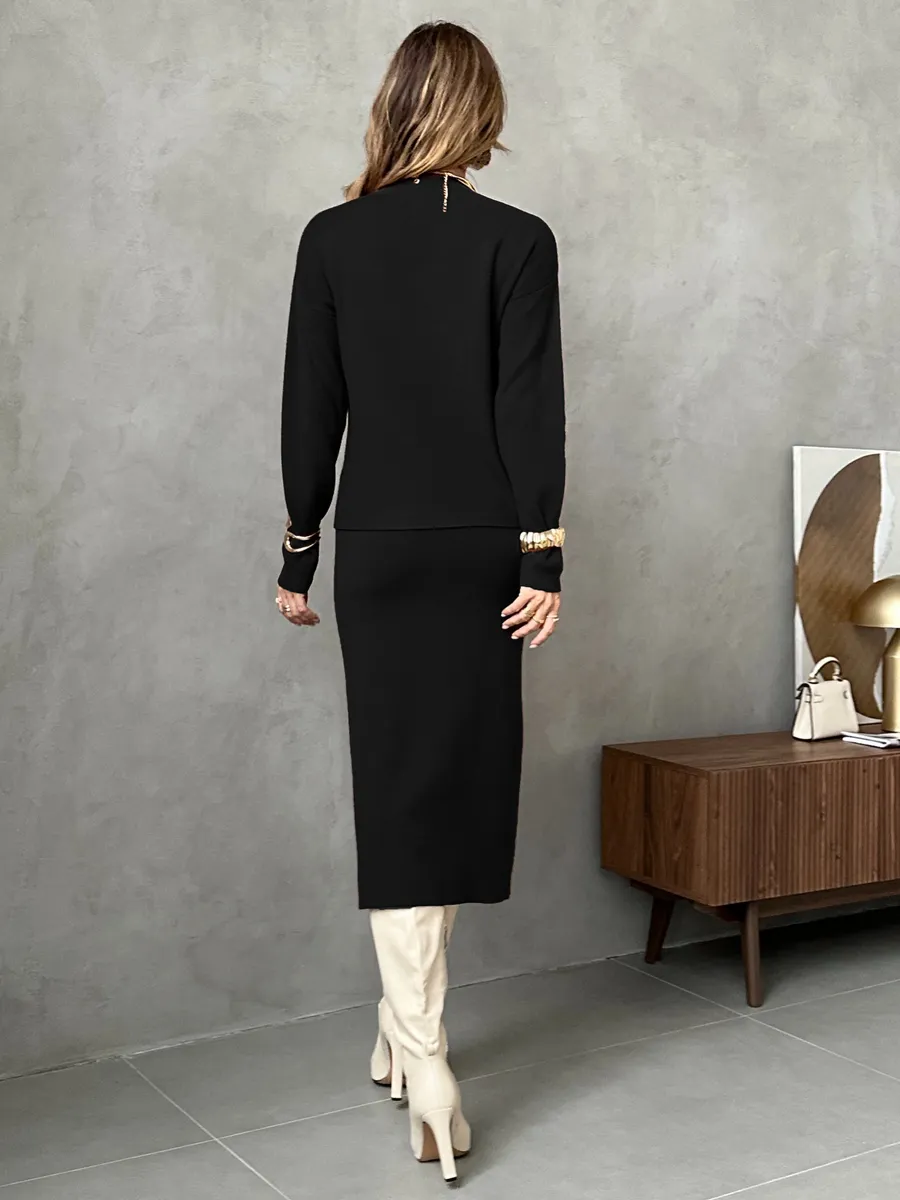 Черный костюм с юбкой теплый трикотажный