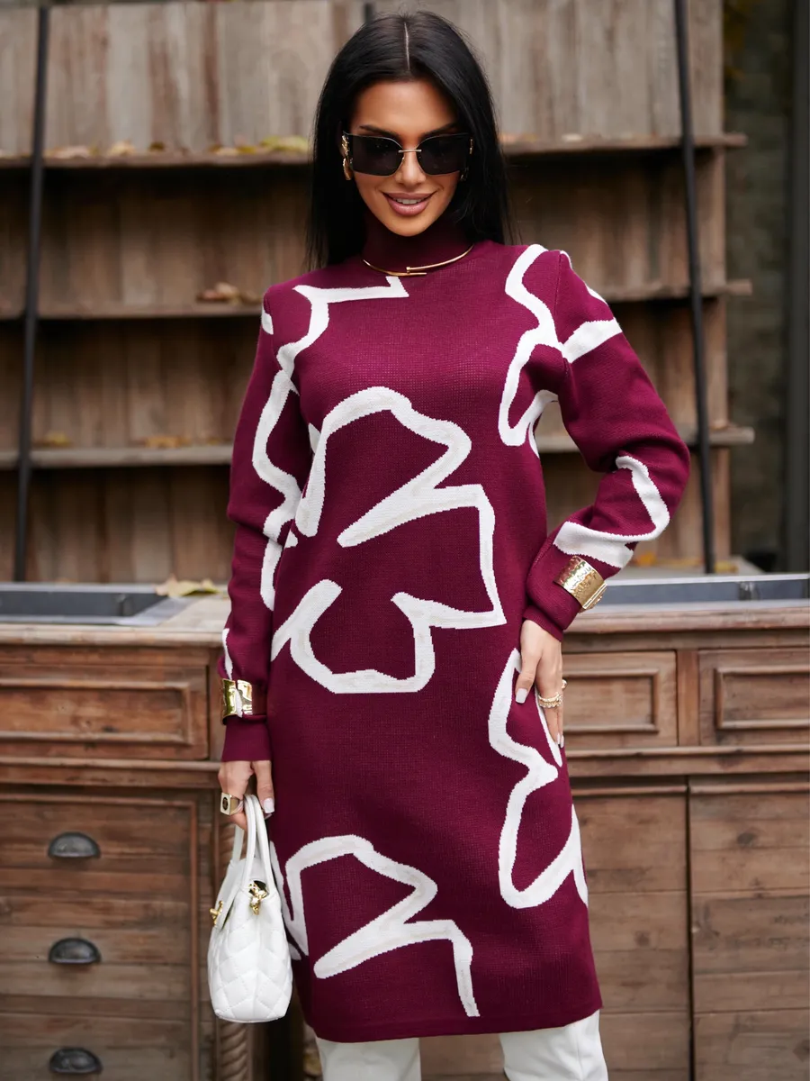 Бордовое платье теплое трикотажное мини