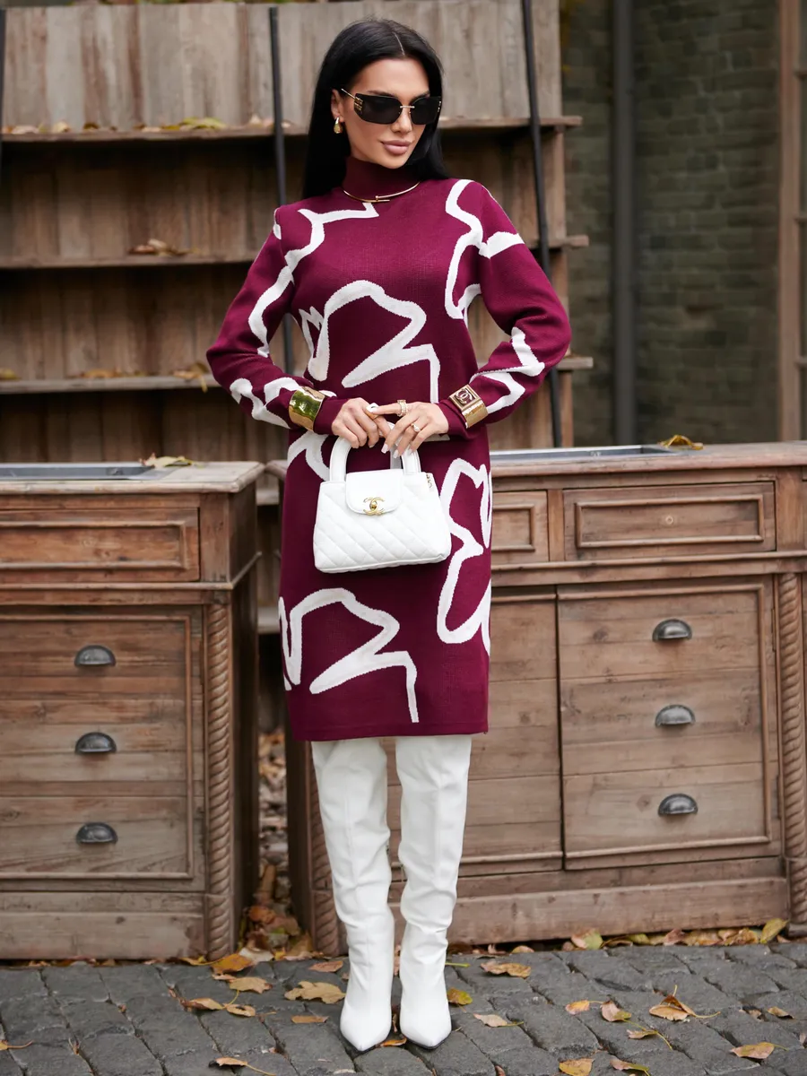 Бордовое платье теплое трикотажное мини