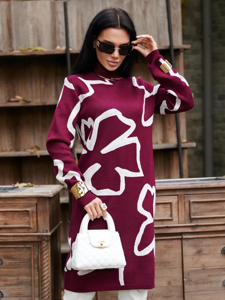 Бордовое платье теплое трикотажное мини