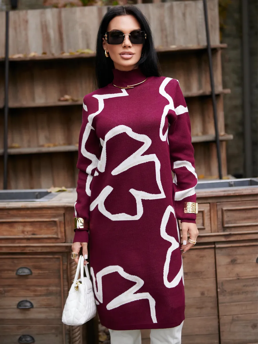 Бордовое платье теплое трикотажное мини