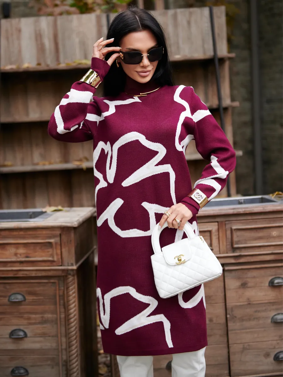 Бордовое платье теплое трикотажное мини