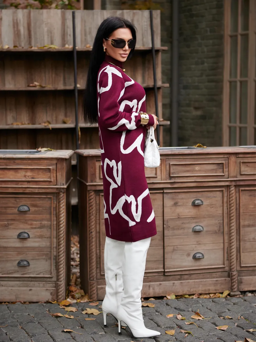 Бордовое платье теплое трикотажное мини