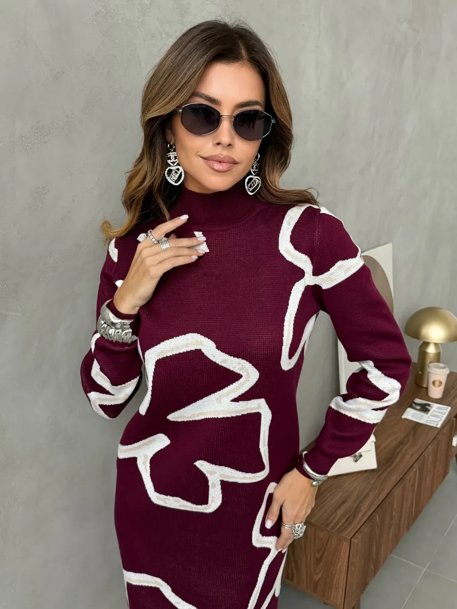 Бордовое платье теплое трикотажное мини