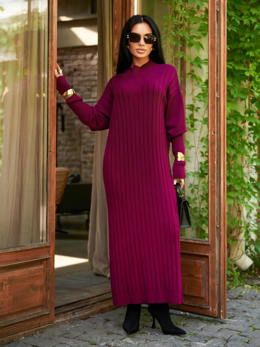 Баклажановое платье лапша длинное трикотажное