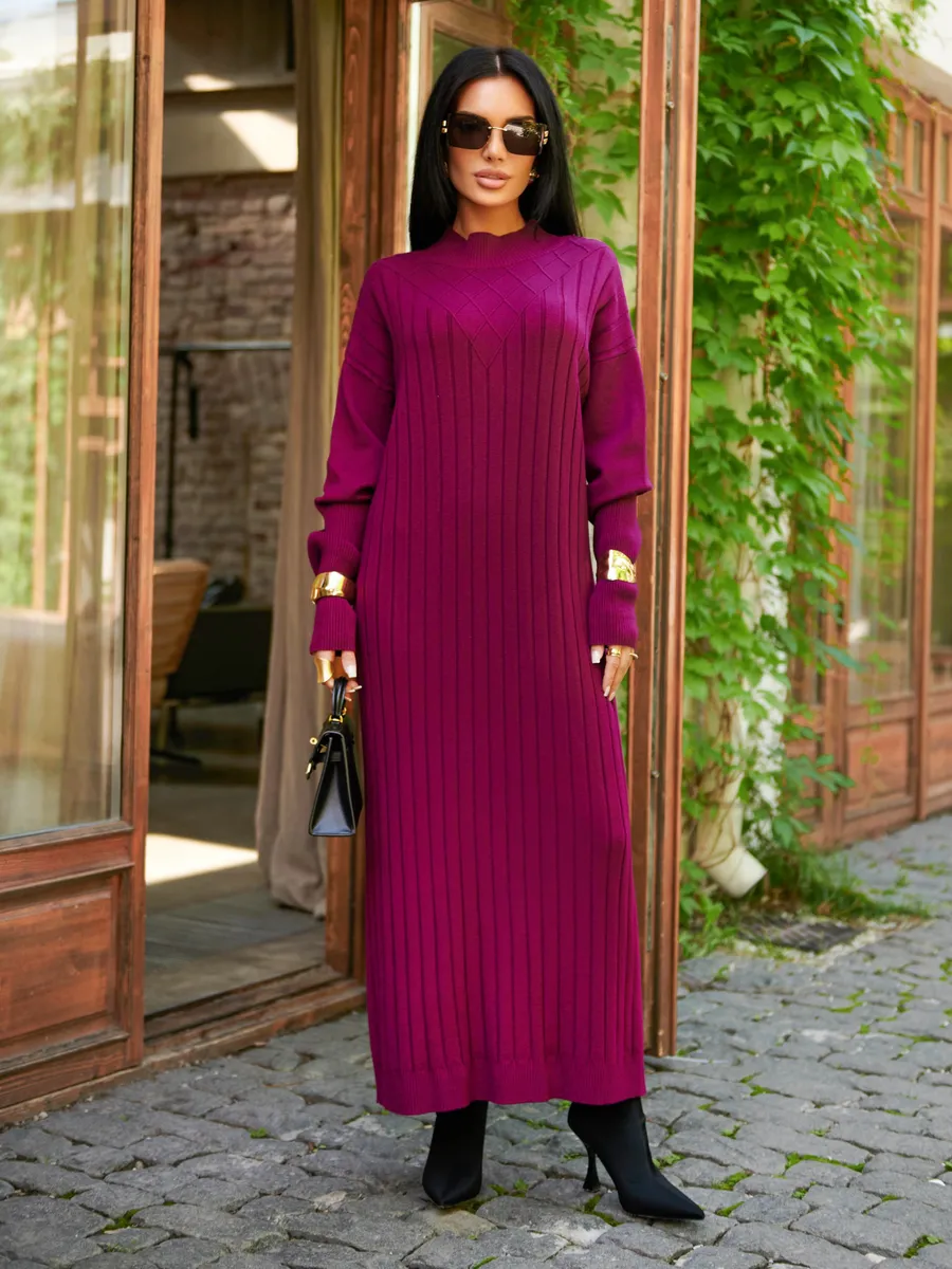 Баклажановое платье лапша длинное трикотажное