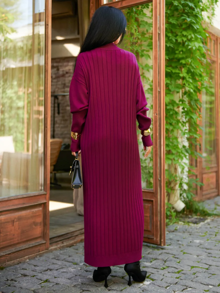 Баклажановое платье лапша длинное трикотажное